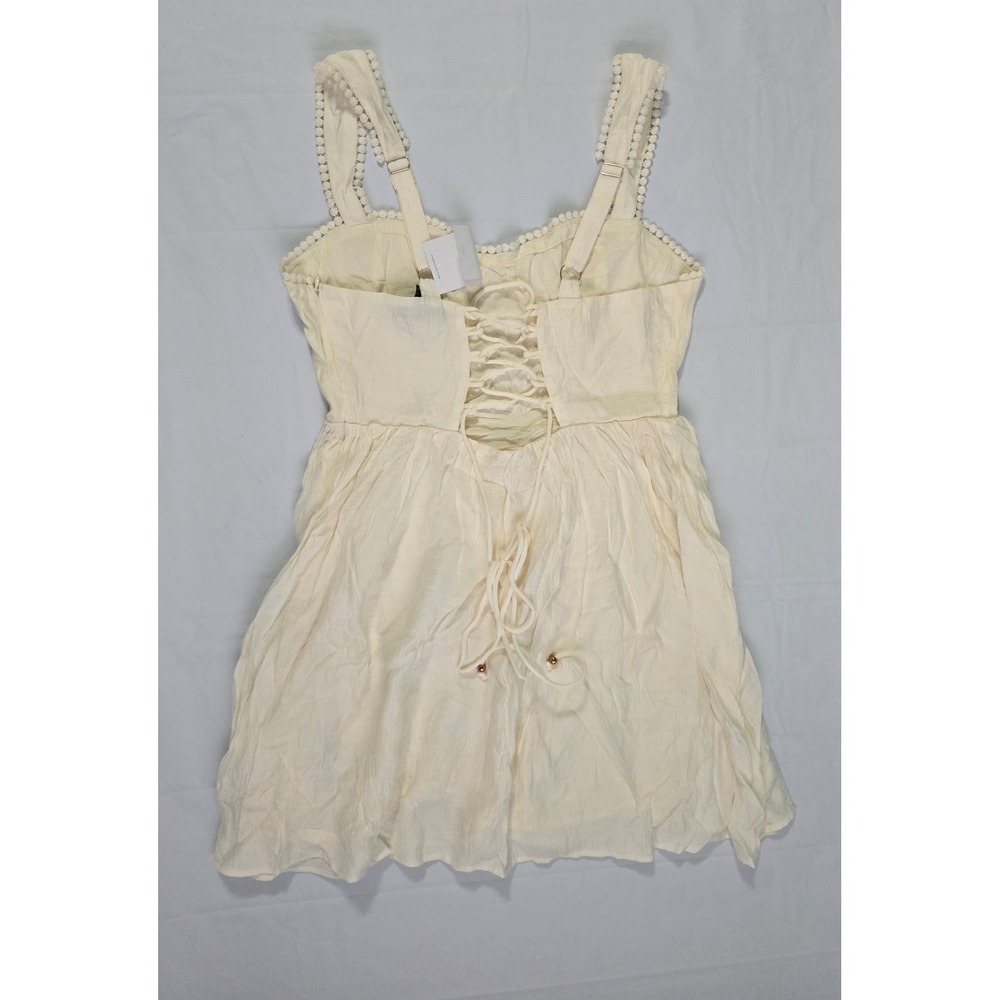Forever 21 Vanilla Mini Dress Lace Up Back Pom Pom Trim Cream Size L NWT - Picture 11 of 16